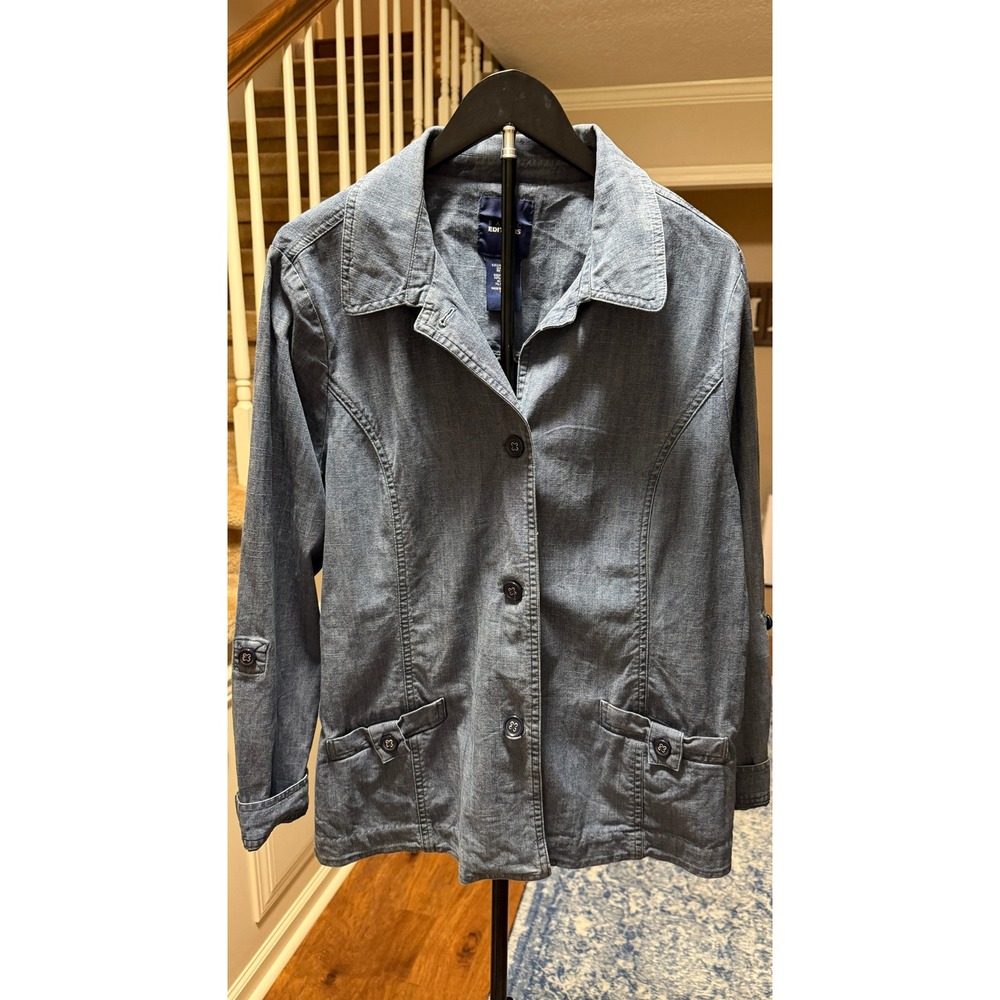 Basic Editions Blue Chambray Roll Tab Sleeve Utility Jacket Women Large L